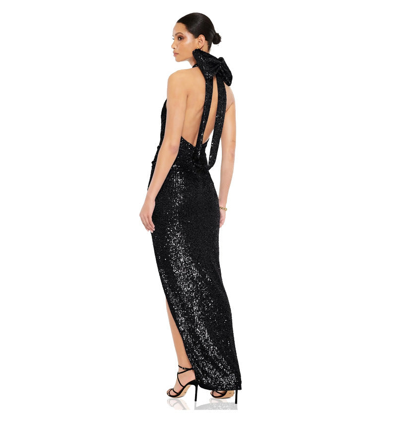 Sexy Sequined Halter Bow Evening Party Dresses