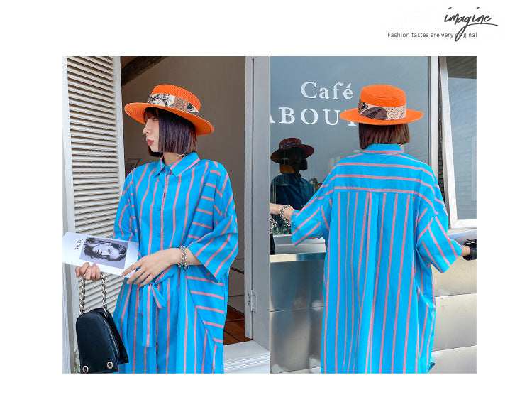 Vintage Striped Summer Short Shirts Dresses-Dresses-Blue-One Size-Free Shipping at meselling99