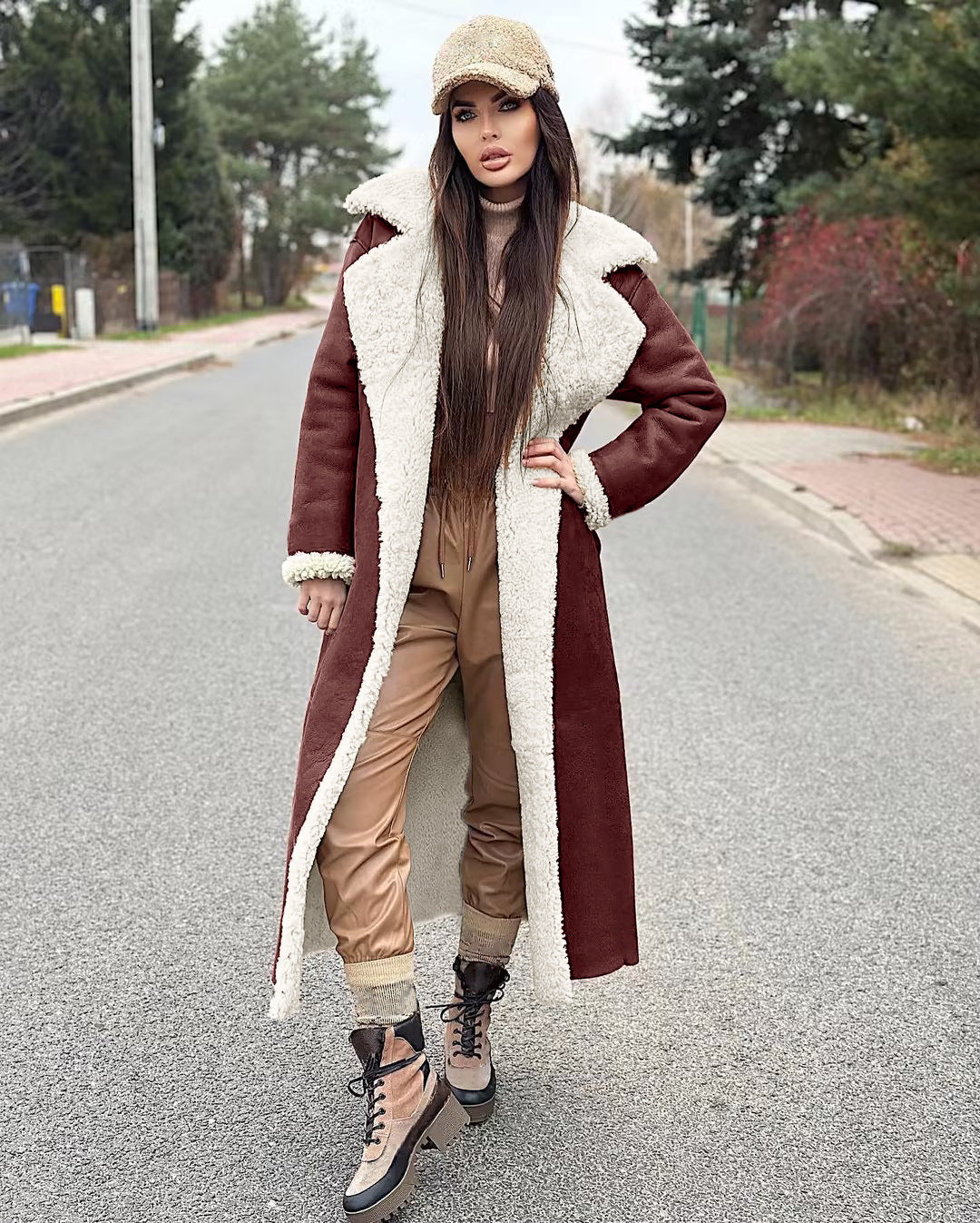 Women's Faux Leather & Fur Long Coat