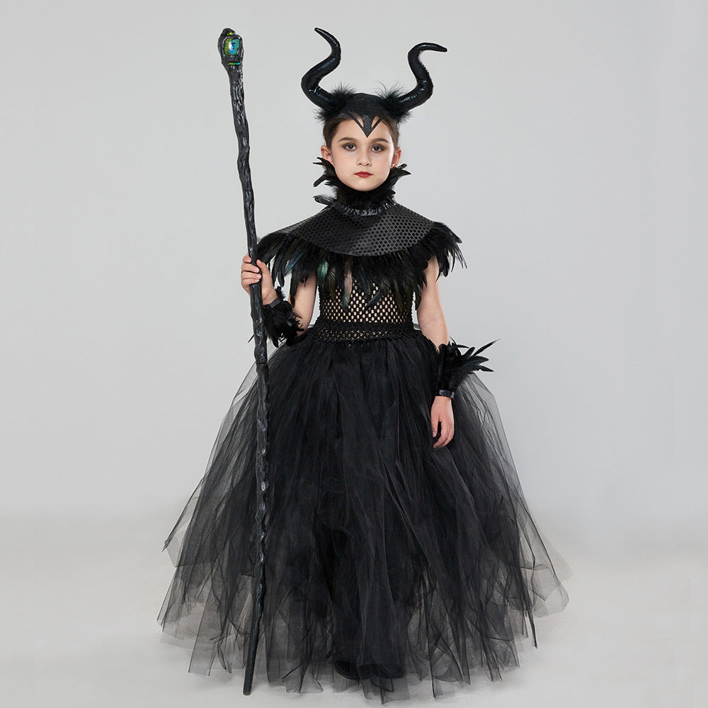 Halloween Glitter Feather Collar Witch Long Dress