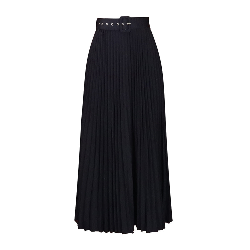High-Waisted Pleated Midi Skirt with Belt