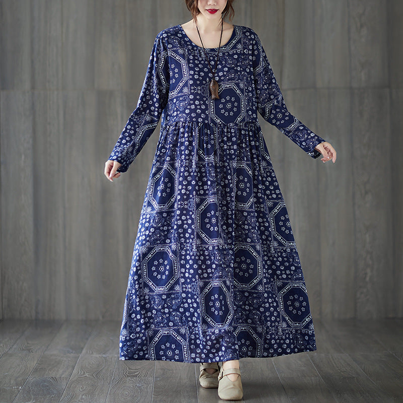 Vintage Plus Sizes Long Sleeves Blue Fall Dresses-Dresses-Free Shipping at meselling99