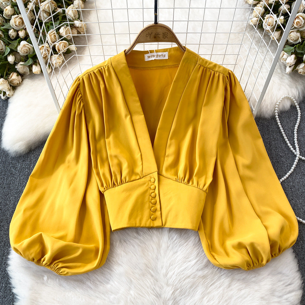 Women's Fashion V-Neck Lantern Sleeve Crop Top