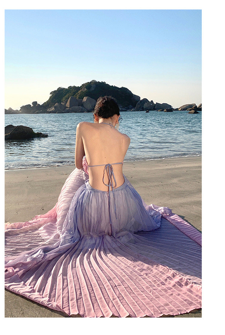 Bohemian Gradient Pink Purple Ruffle Backless Maxi Dress