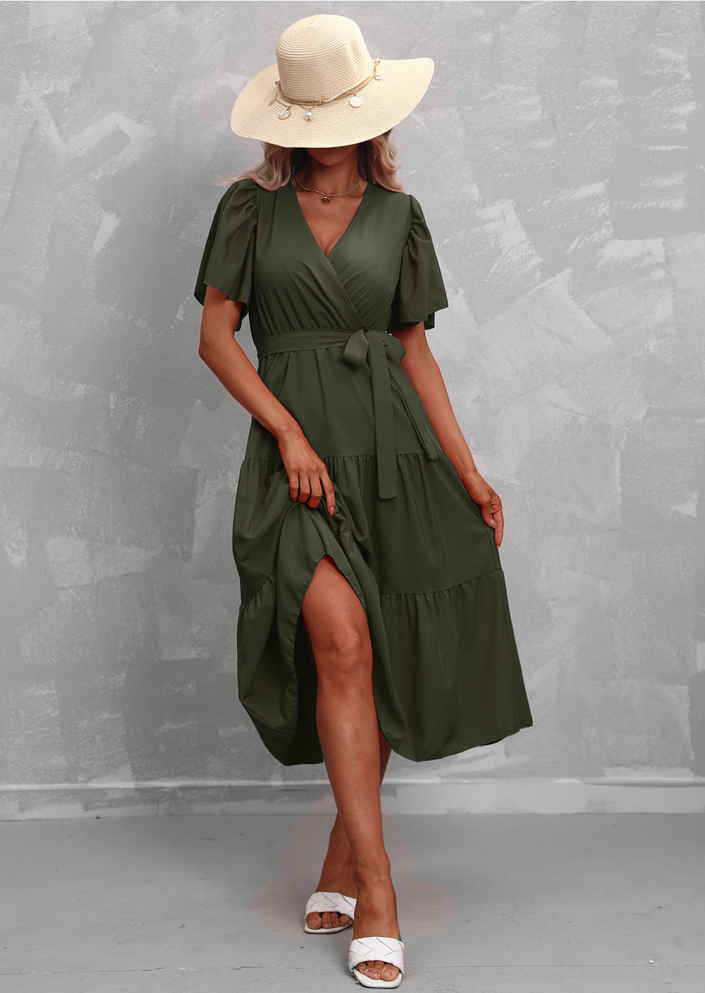 Women's Summer Solid Color V-Neck Short Sleeve Dress