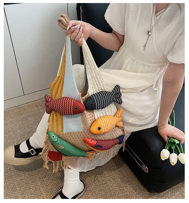 Patchwork Knit Shoulder Bag with Checkered Design