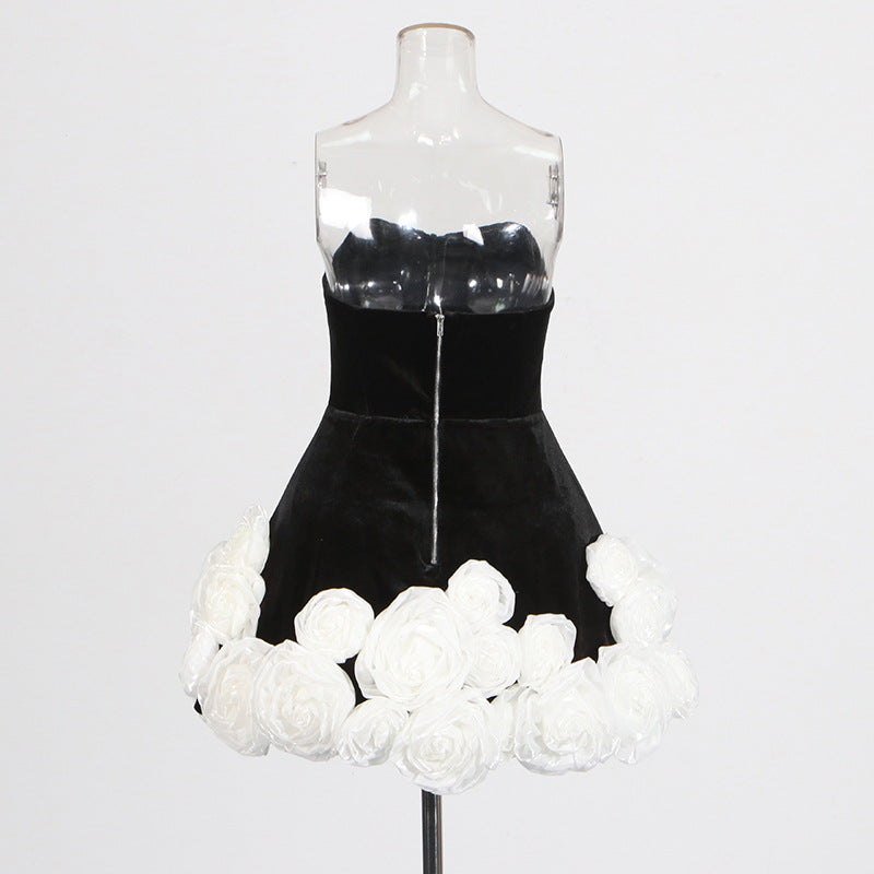 Designed Sexy Velvet Bustier Ball Gown Mini Dress with 3D White Roses