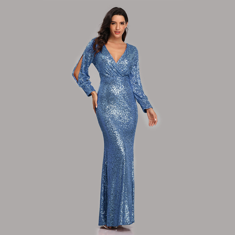 Sexy V Neck Sequined Mermaid Evening Dresses-Dresses-Free Shipping at meselling99
