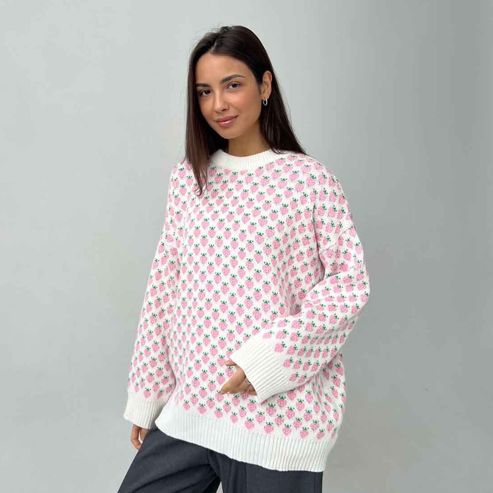 Oversized Strawberry Print Sweater