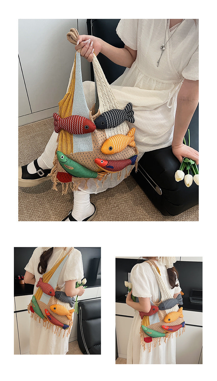Patchwork Knit Shoulder Bag with Checkered Design