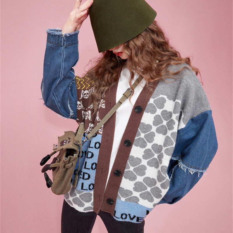 Women's Denim Patchwork Sweater Cardigan