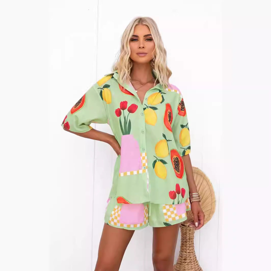 Women's 2-Piece Set – Lapel Short Sleeve Shirt & Shorts Outfit