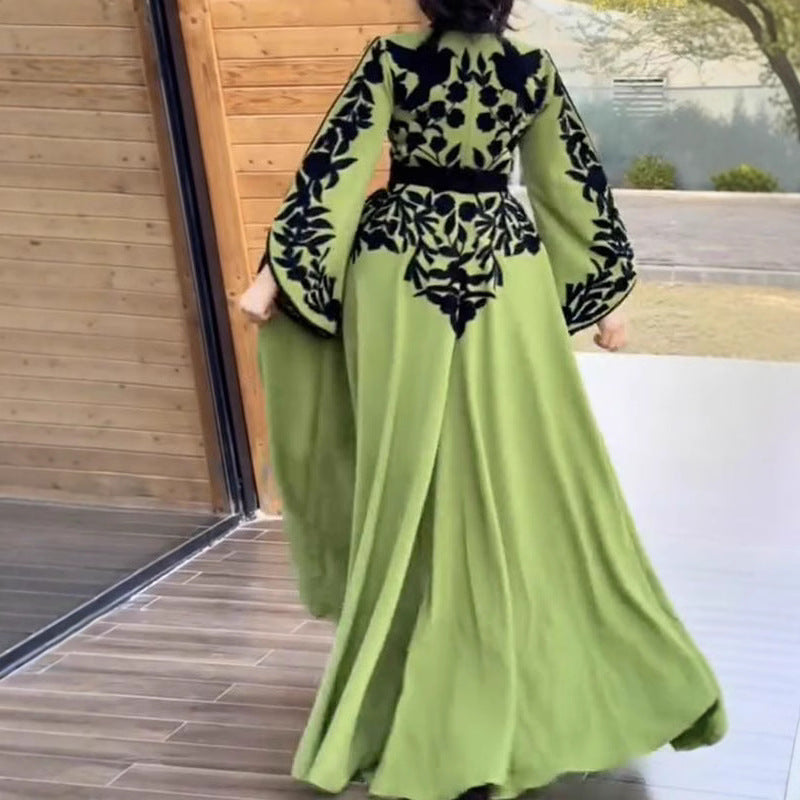 Floral Print Wrap Waist A-Line Flared Sleeve V-Neck Maxi Dress