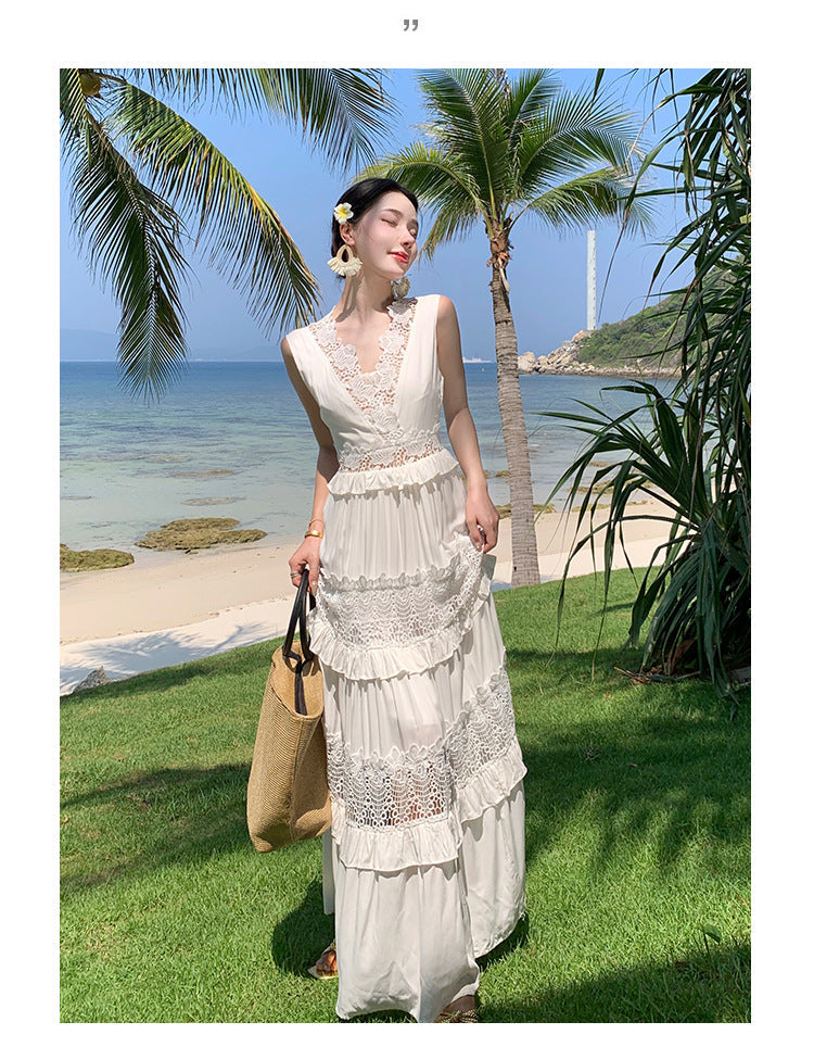 White Lace Cutout Dress -  Boho Summer Sundress for Vacations