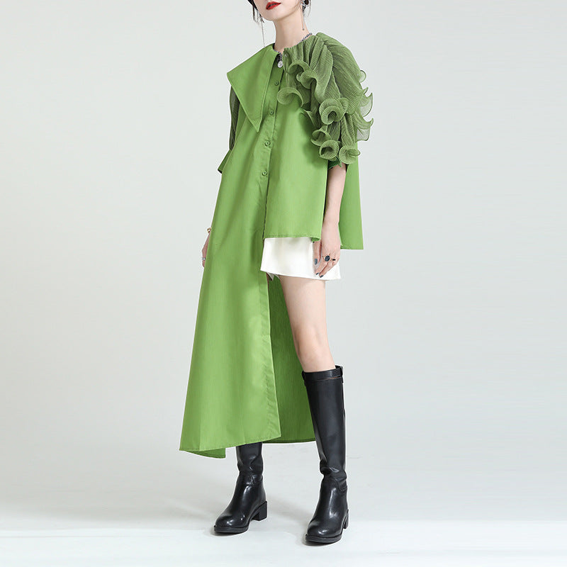 Summer Asymmetrical Bubble Sleeve Shirt Dress with Peplum Waist & Patchwork Design