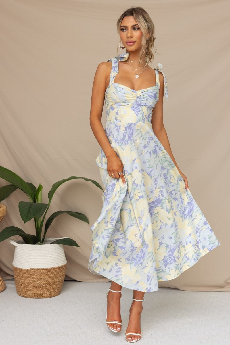Summer Floral Print V-Neck Wrap Waist Midi Dres