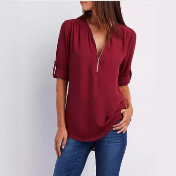 Plus-Size V-Neck Zip-Up Long Sleeve Chiffon Blouse