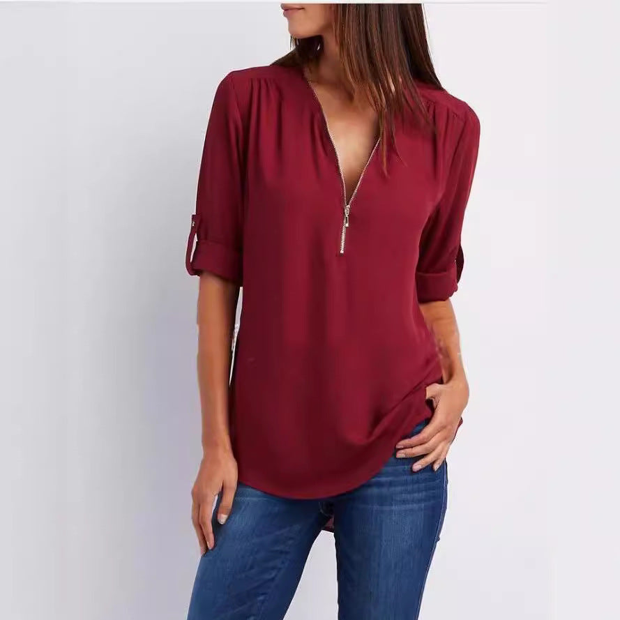 Plus-Size V-Neck Zip-Up Long Sleeve Chiffon Blouse