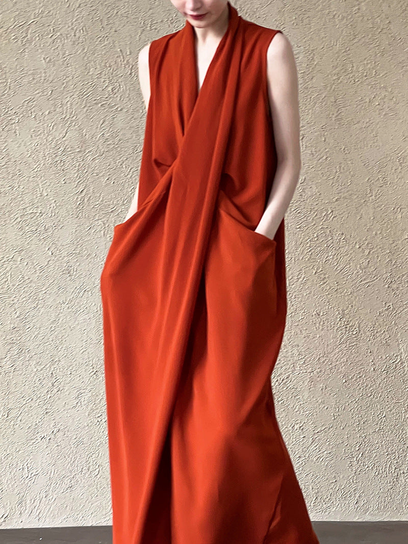 Women's V-Neck Sleeveless Twist Knot Long Dress-Pumpkin color-M-Free Shipping Leatheretro