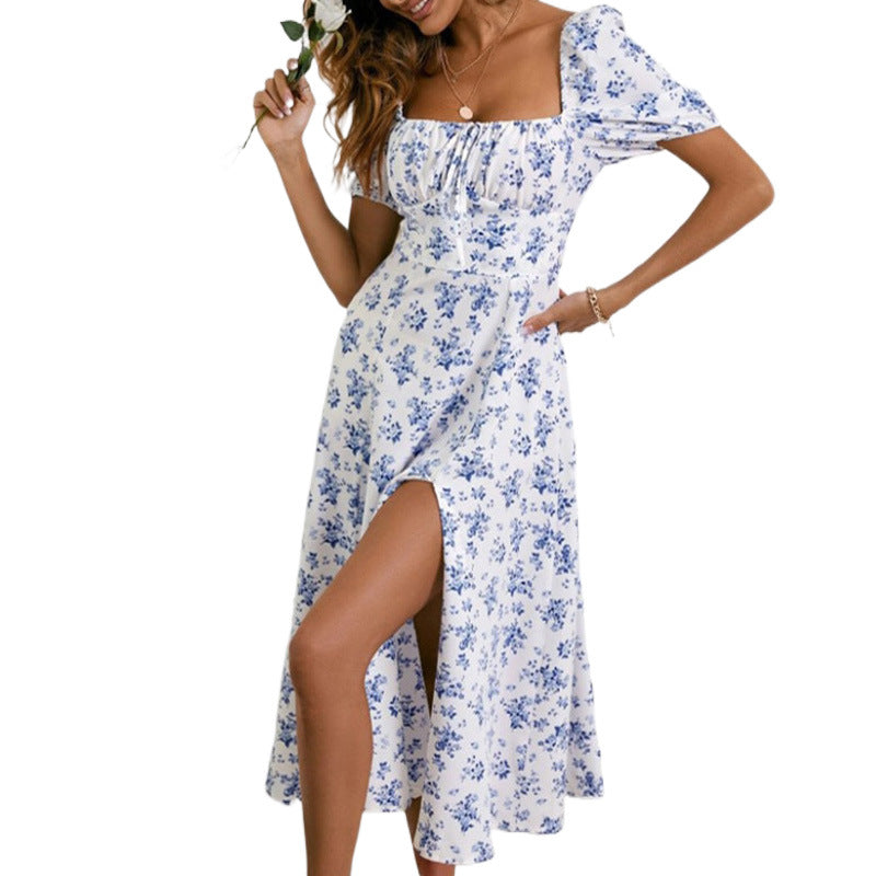 Floral Print French Style Backless Slim Fit Slit Dress