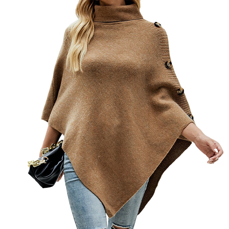 High-Neck Cape Sweater – Solid Color Knit Poncho Cross-Border Pullover
