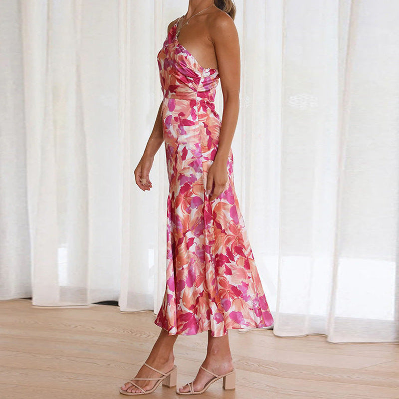 Sexy One Shoulder Pink Flowers Long Dresses