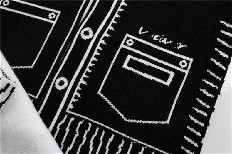 Oversized Black and White Graphic Doodle Knit Cardigan