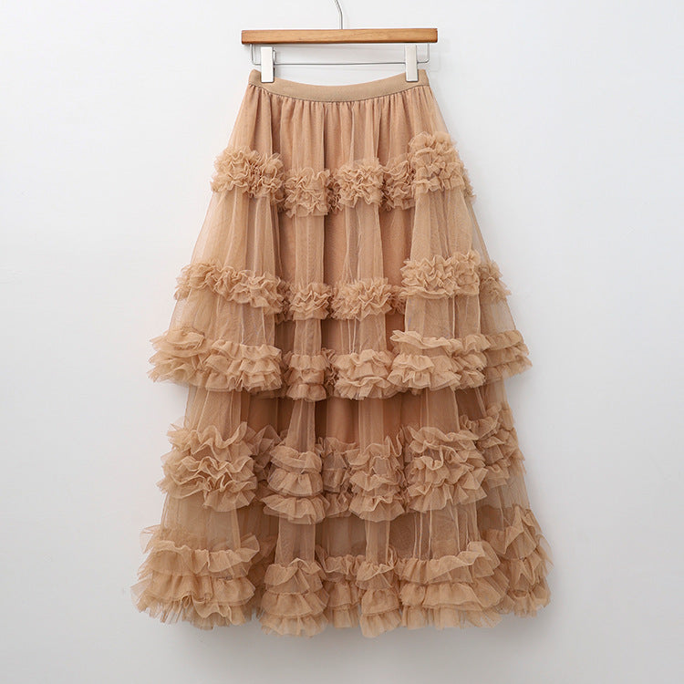 Layered Tulle Skirt - High Waist Ruffled Lace Trim Semi-Formal Skirt