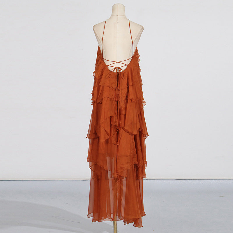 Elegant High-Society Style Dress – Off-Shoulder Backless Maxi Dress with Layered Hem