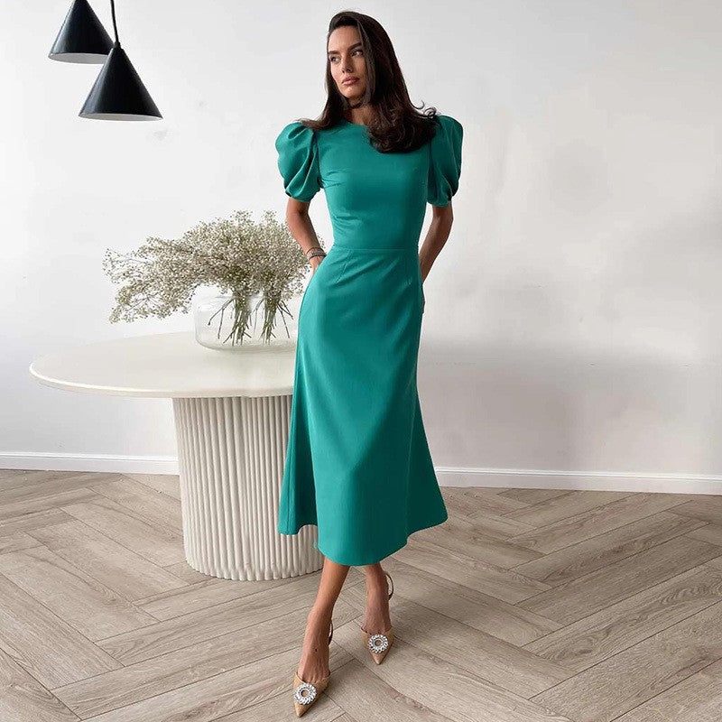 Elegant Round Neck High Waist Midi Dresses