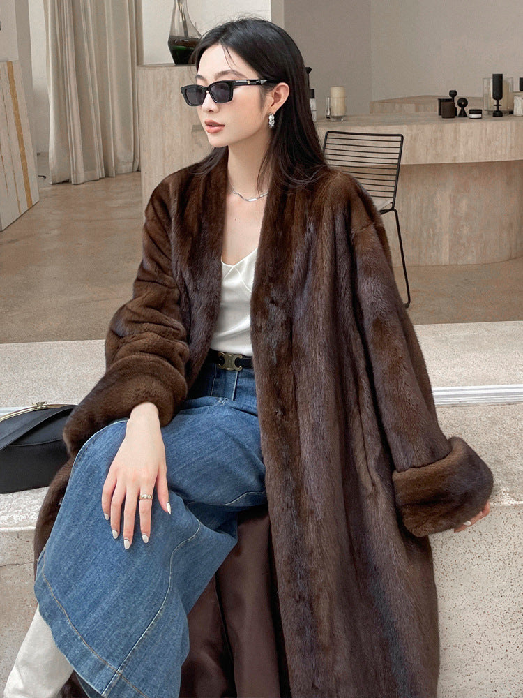 Vintage Faux Fur V Neck Long Overcoats