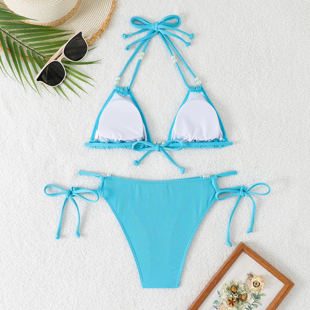 Pearl Strap Hollow-Out Bikini Set – Sexy Three-Piece Women's Swimwear