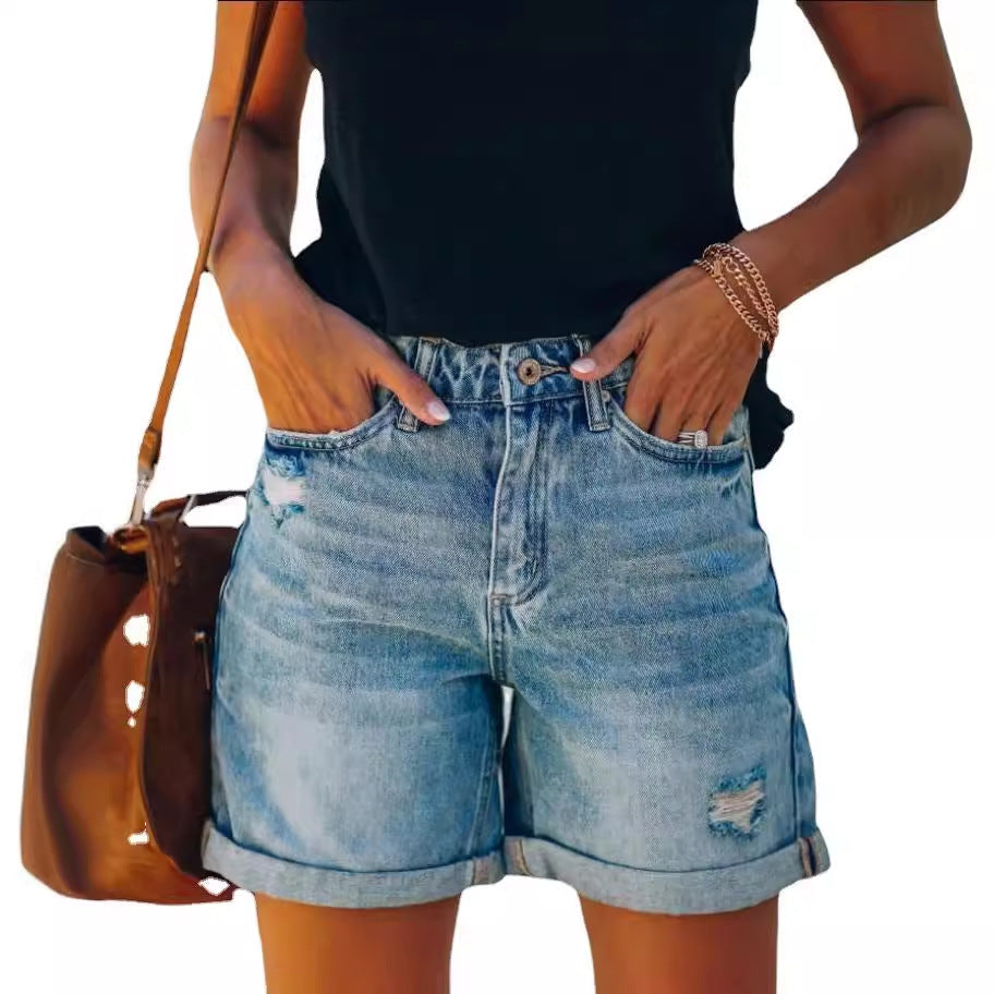 Women's Casual Distressed Washed Denim Shorts