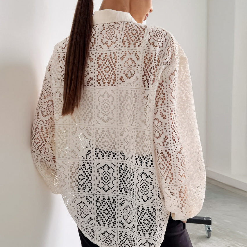 Vintage Lace Blouse – Women's Elegant Long Sleeve Sheer Office Shirt-Ivory-S-Free Shipping Leatheretro
