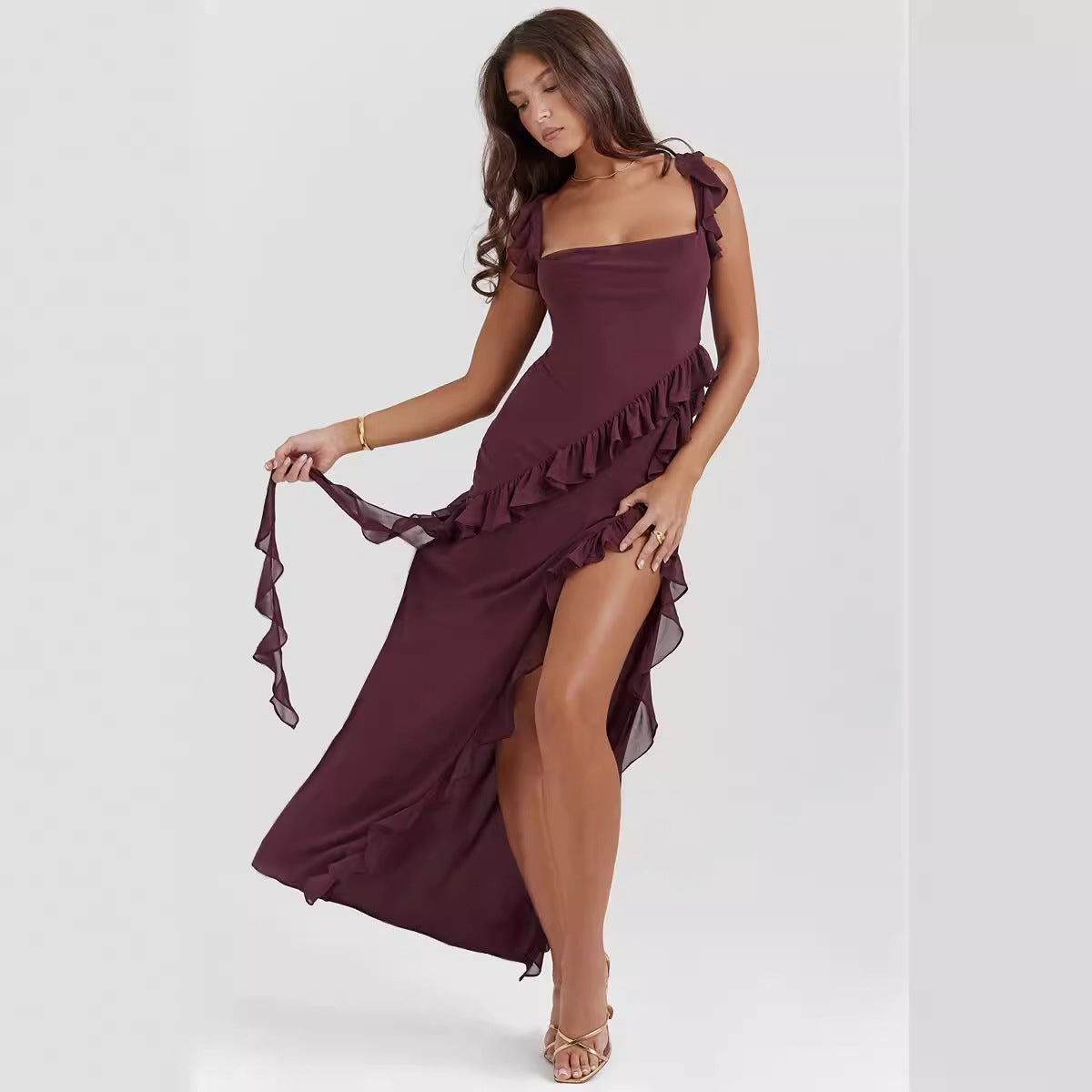 Strappy Ruffle Detail High-Slit Long Dress