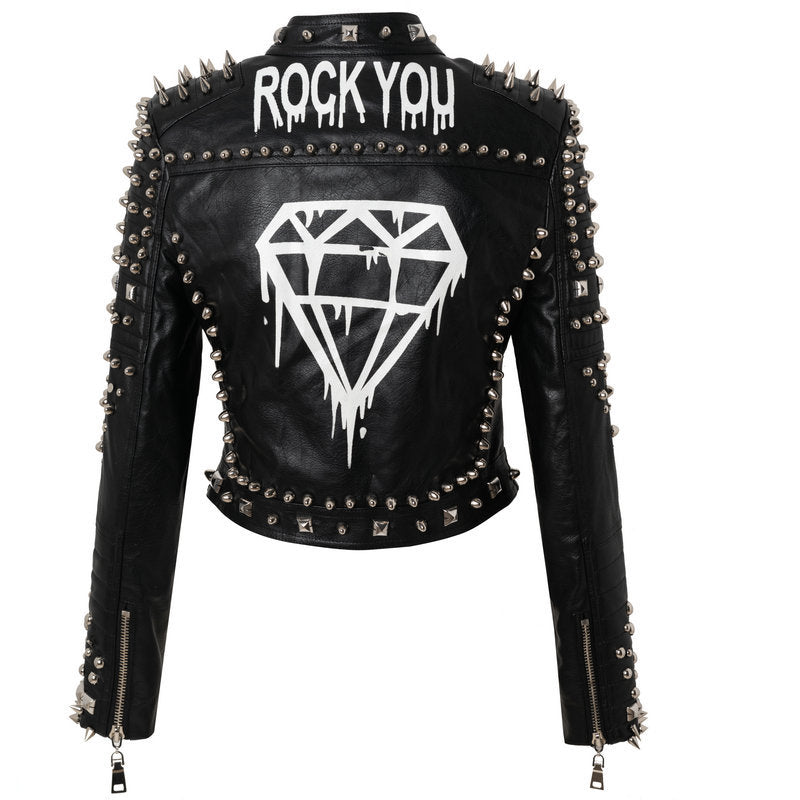 Black Punk Style Rived Short PU Jacket for Women