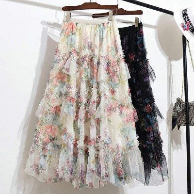 Women's Patchwork Print Mesh Cake Skirt