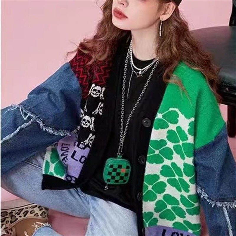 Women's Denim Patchwork Sweater Cardigan