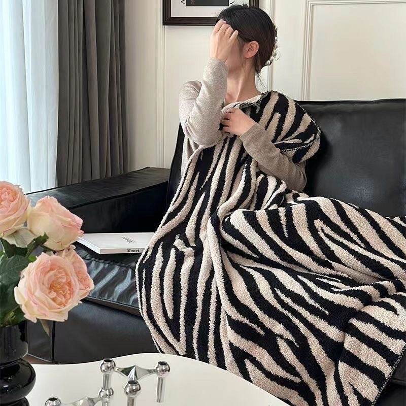 Zebra Print Sofa Knit Blanket – Reversible Flannel Throw for Office, Nap, Travel & Home