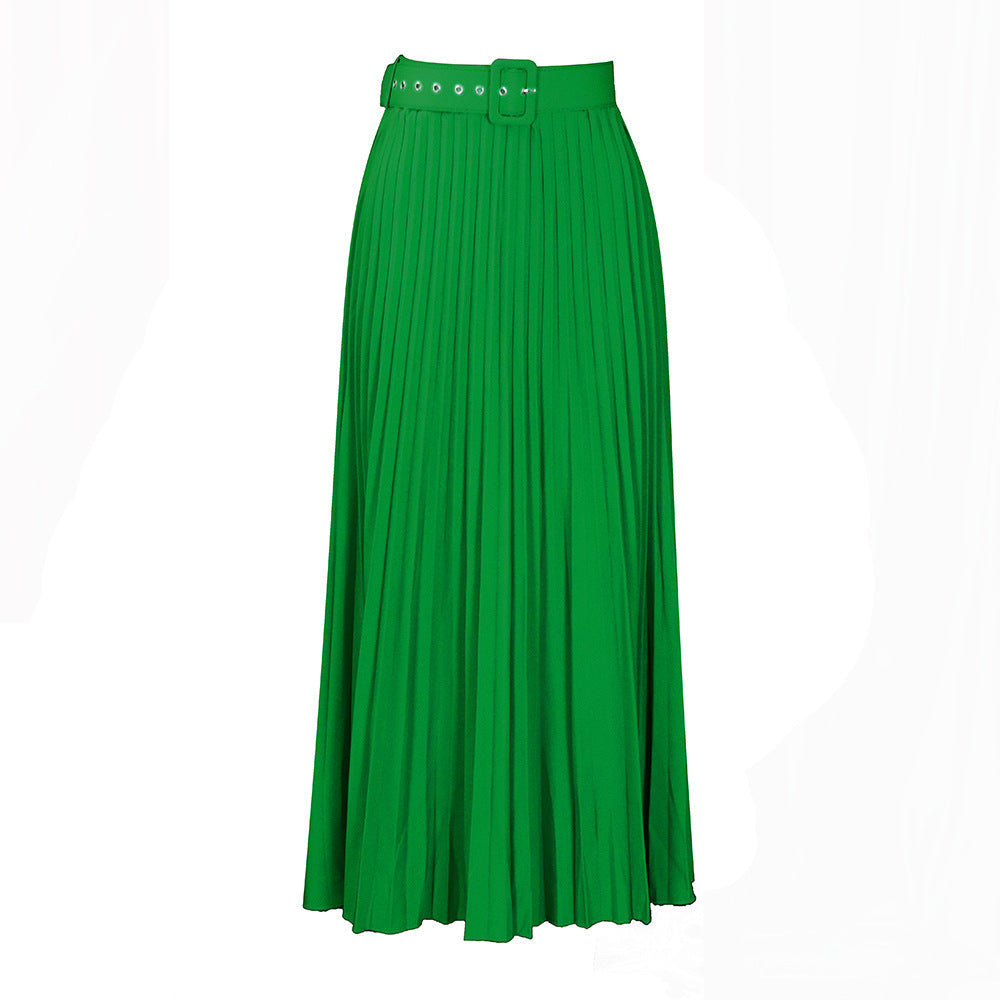 High-Waisted Pleated Midi Skirt with Belt