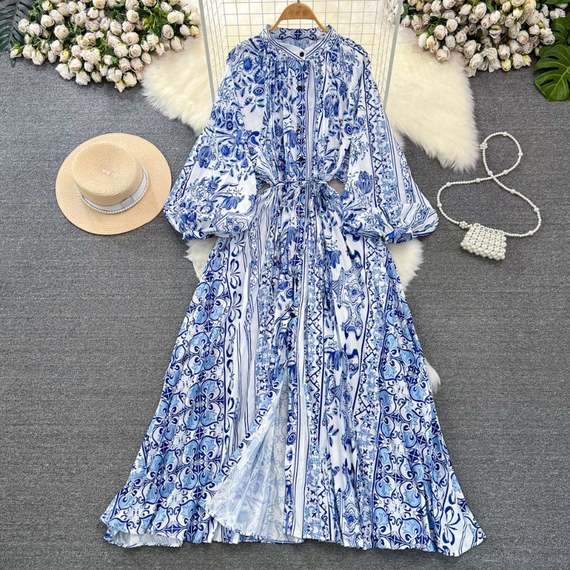 Retro Palace Style Lantern Sleeve Round Neck A-Line Floral Print Button-Down Waist Dress