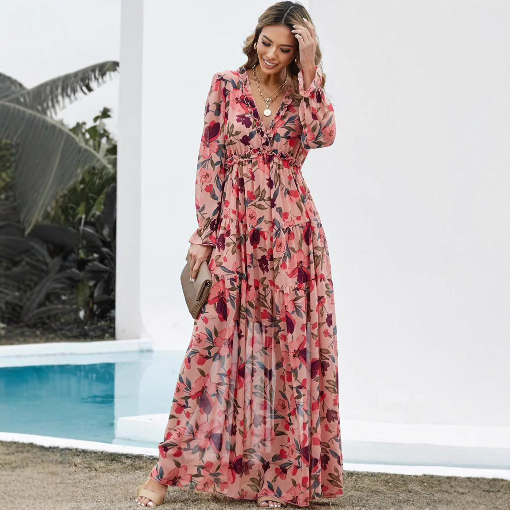 Elegant Long Sleeve Printed Maxi Evening Dress