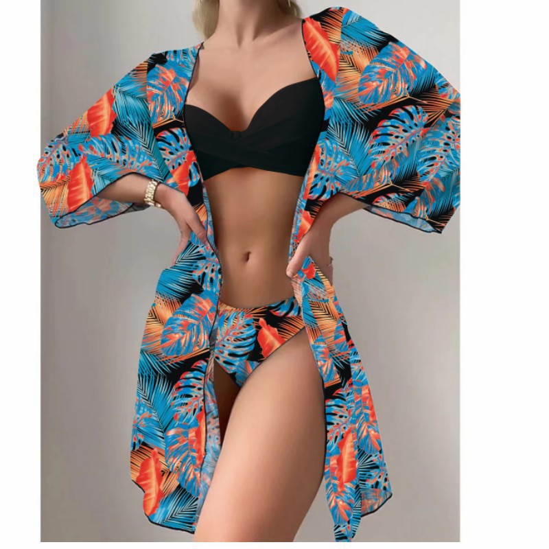 Women's 3-Piece Mesh Long Sleeve Cover-Up – Beach Bikini Set