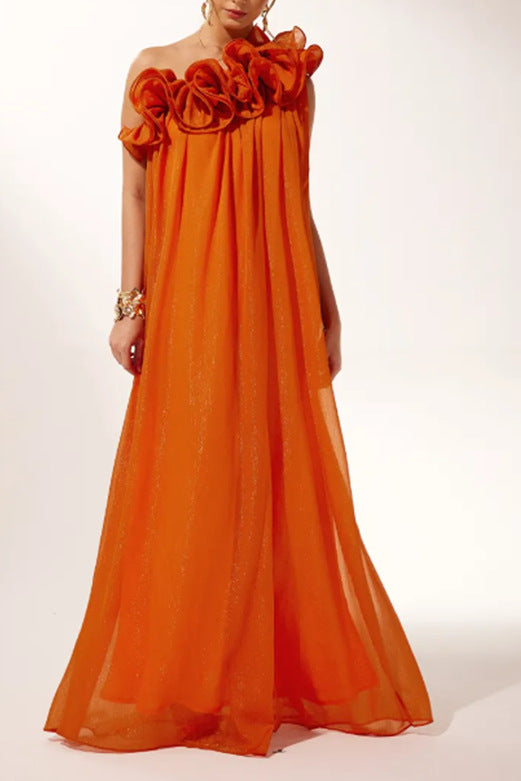 Women's Solid Color Off-Shoulder Draped Dress with 3D Floral Detail