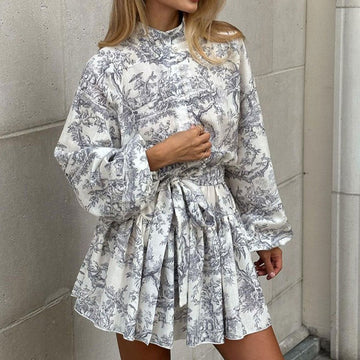 Elegant Long Sleeve Floral Print Wrap Dress with Belt