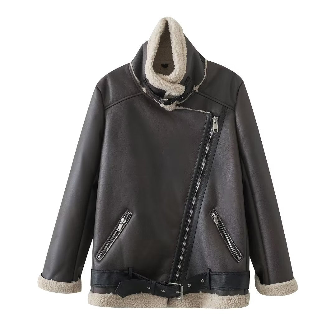 Fashion Winter Pu Leather with Fur Motorcycle Jacket Coats