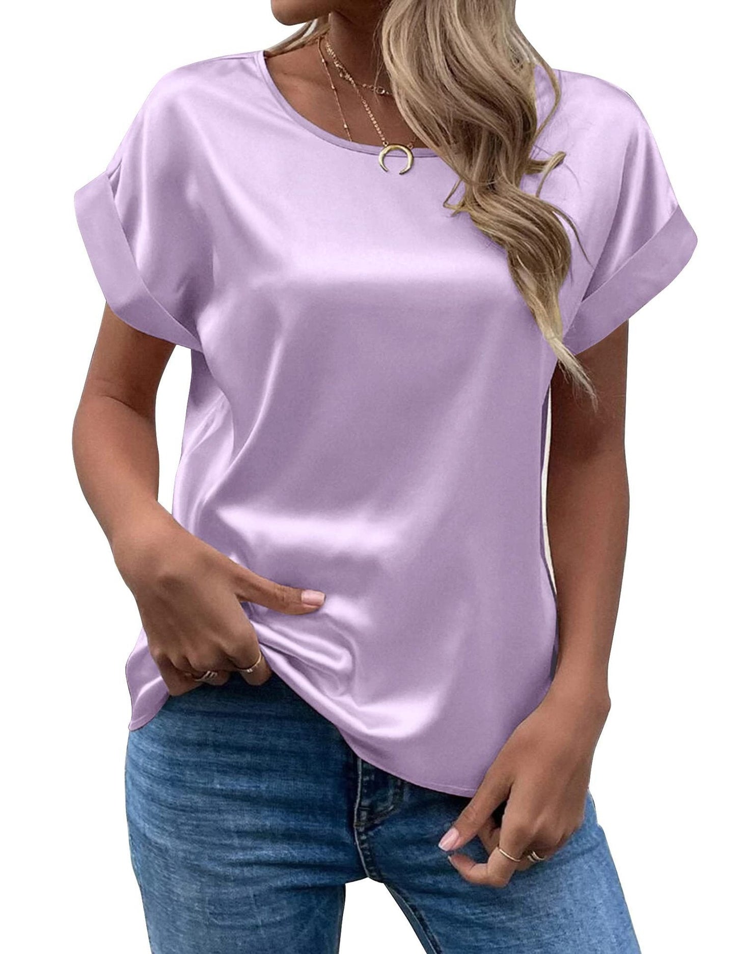 Simple Design Satin Women Short Sleeves Blouses