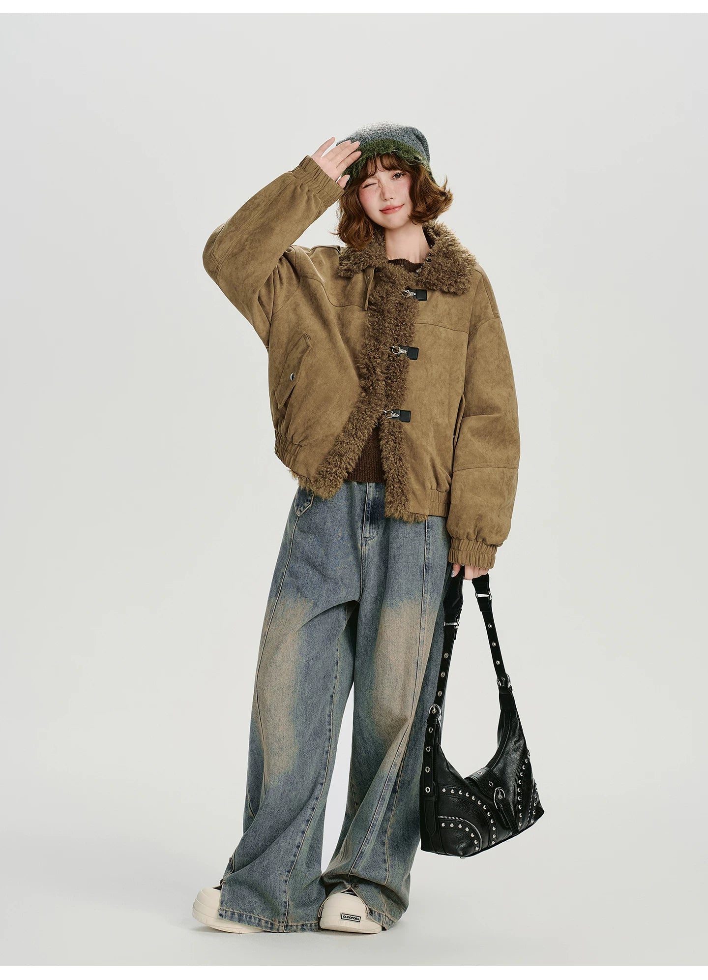 Girlyhalo Vintage Suede & Faux Shearling Patchwork Winter Coat