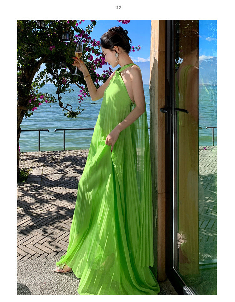 Elegant Neck-Tie Flowy Ruffle Dress – Maxi Pleated Skirt, Resort Vacation & Beach Cover-Up