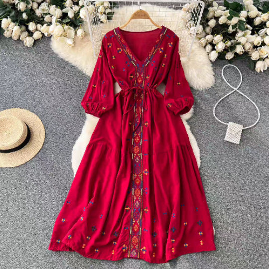 Bohemian Embroidered V-Neck Dress